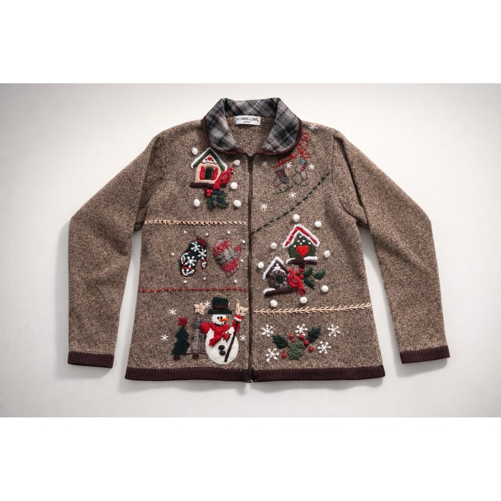 Victoria Jones Petite Vintage Christmas Cardigan Sweater Brown Zip Up Rare Retro